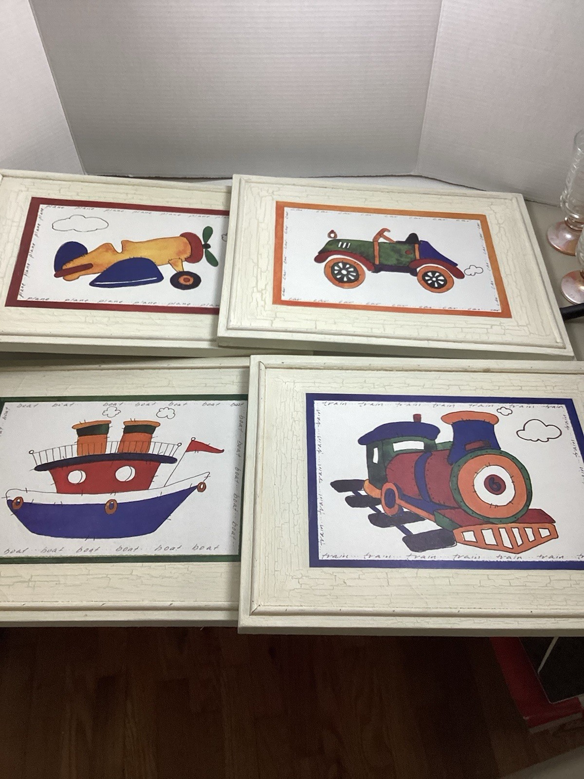 Set Of 4 Children Oil Framed Unsigned – Car, Train, Plane, Boat. 12”x16”
