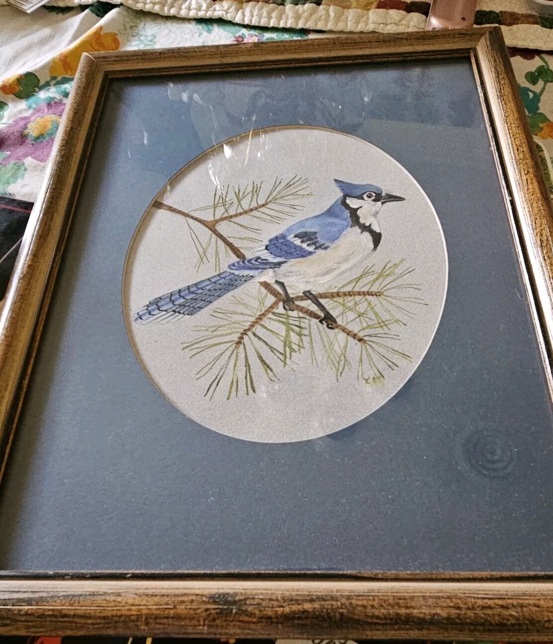 VTG 1988 Orig Blue Jay Watercolor Framed & Matted Signed Yvonne Lowrie 15″ X 12″