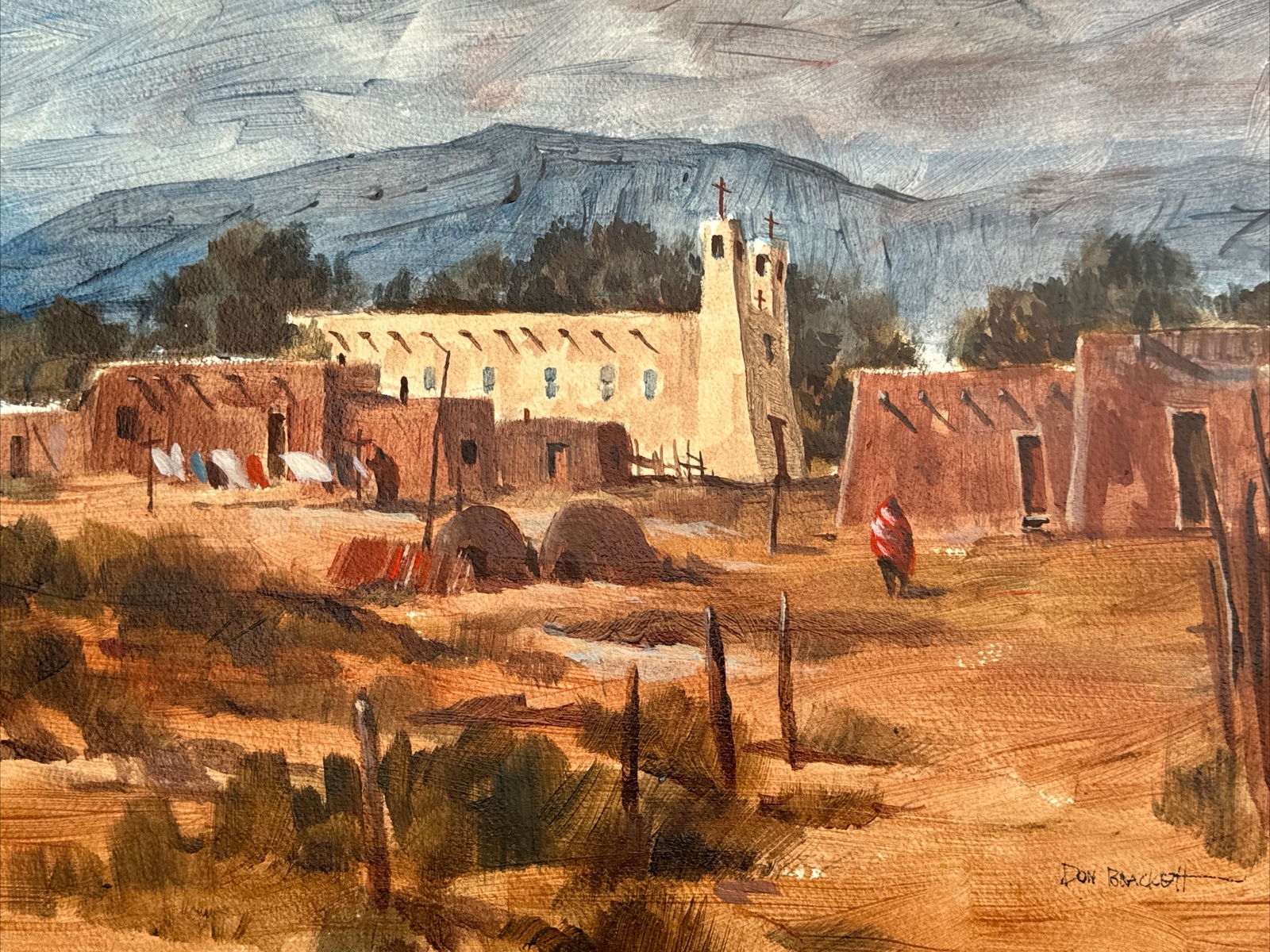 DON BRACKETT PAINTING NEW MEXICO INDIAN HOMES LANDSCAPE LISTED FAMOUS VINTAGE