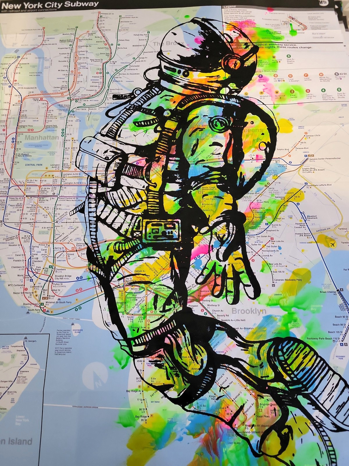 Handpainted Astronaut Spaceman Acrylic Graffiti Art artwork on a NYC Subway Map
