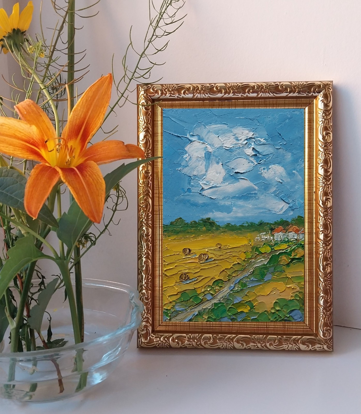 Framed Countryside Farmhouse Landscape Hay Bales Field 4×6 Original Oil Painting