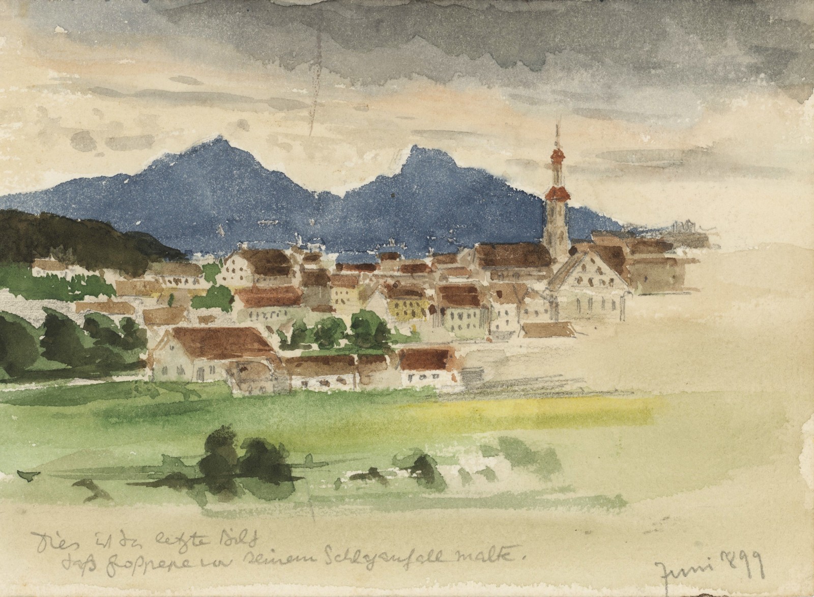 Town Off Mountains Landscape Sketch Animals Impressionism Watercolor 1899