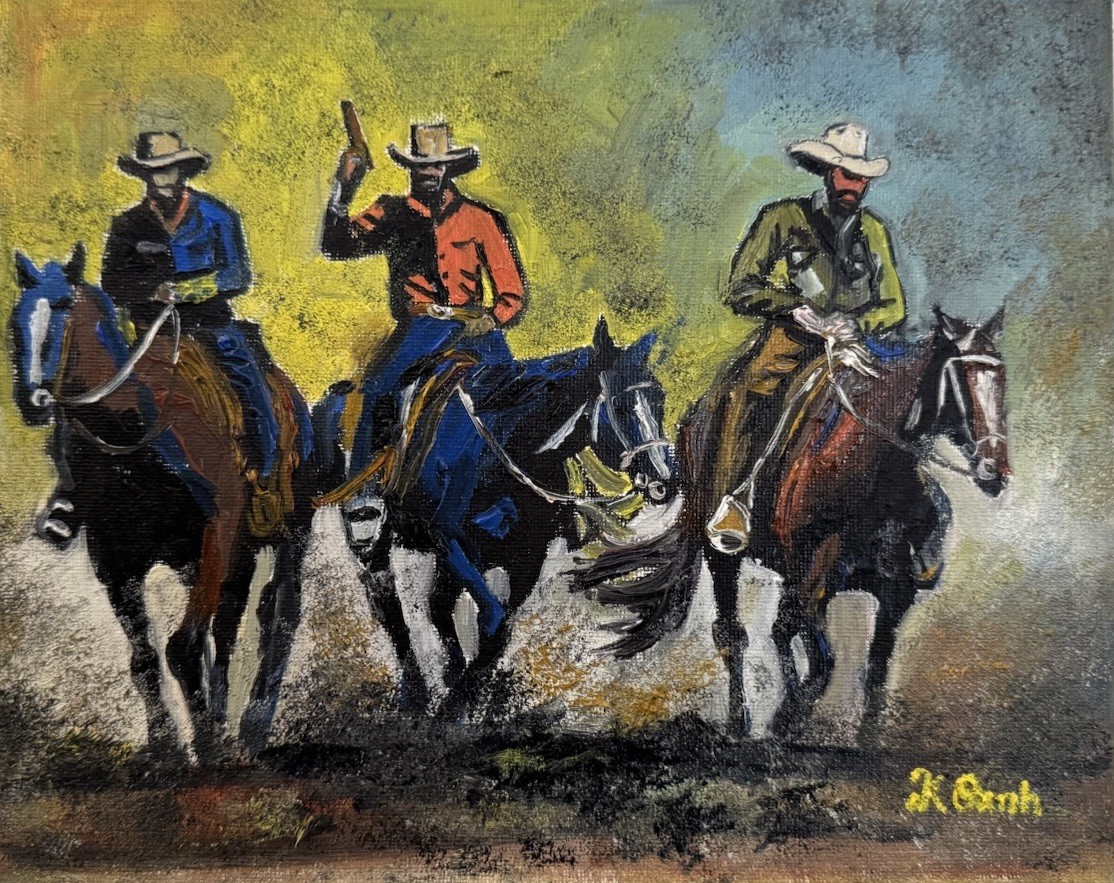 ORIGINAL OIL PAINTING WESTERN COWBOYS ON STRETCH CANVAS SIGNED 8×10