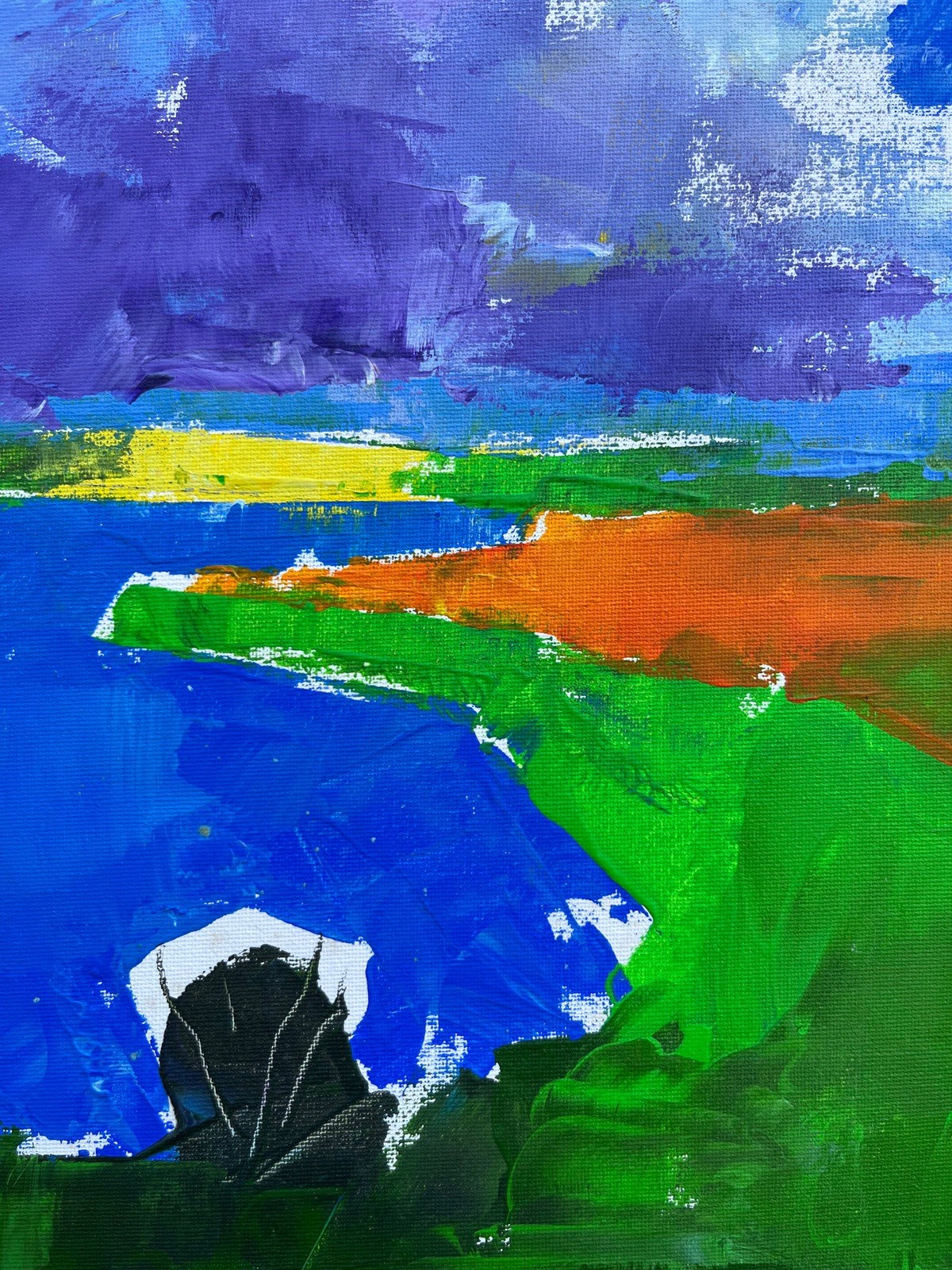 Expressionist Abstract Coastal Landscape with White Sailboat Oil Painting Maritime
