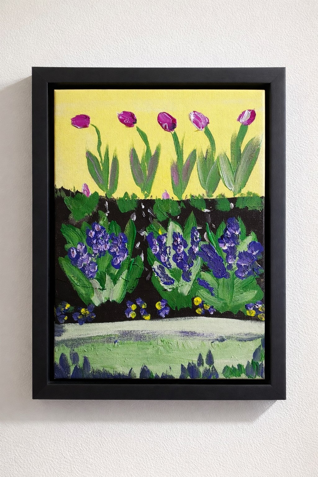Spring Tulip Garden Painting 11×14 Original Acrylic Floral Art Hyacinth Pansies