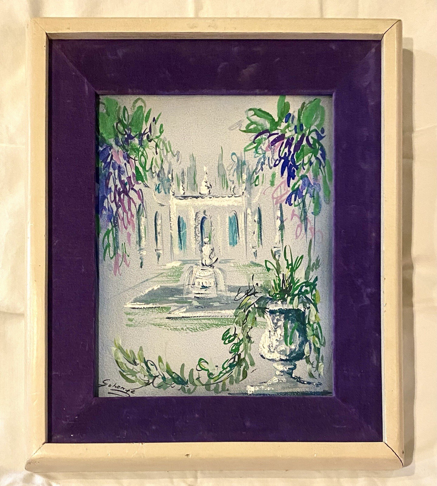 HOLLYWOOD REGENCY Gouache/Board WALLED FOUNTAIN Velvet Frame SIGNED MCM