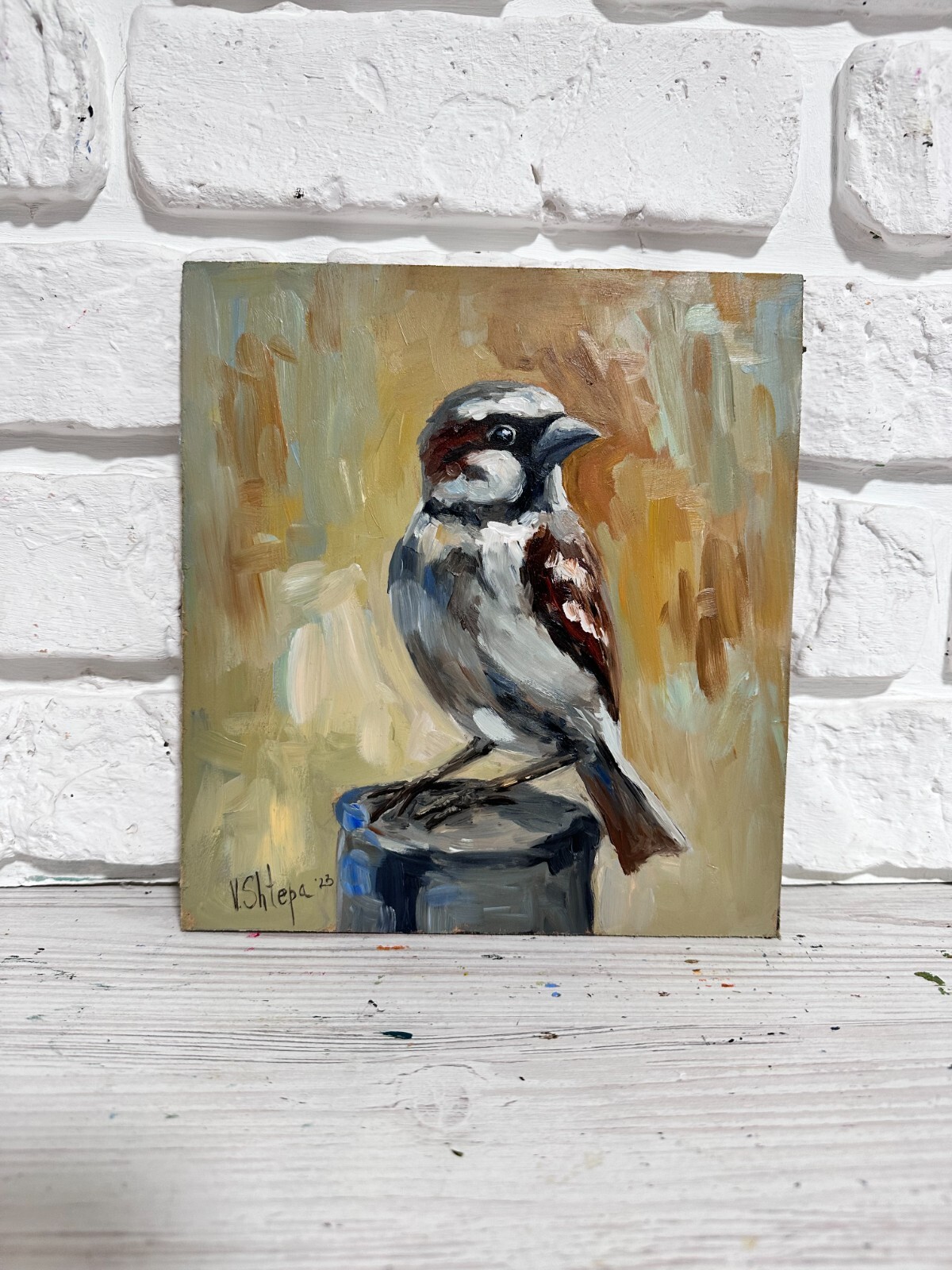 Original Oil painting Bird Sparrow Collectible Landscape ART Signed UKRAINE