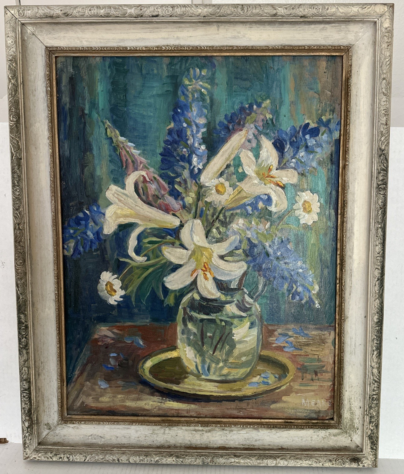 Antique Artist MEARS Original Flowers Bouquet Painting Still Life, Framed