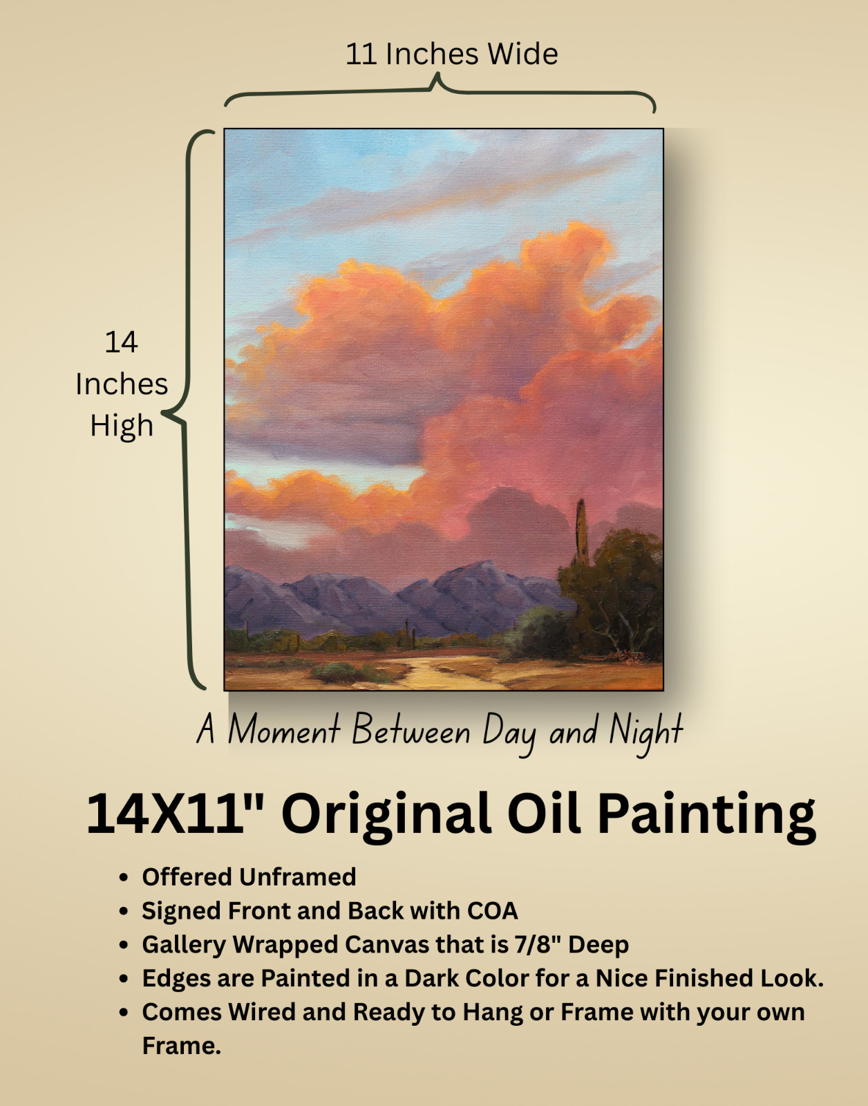 Jeff Love Art 14X11″ Original Oil Painting Arizona Cactus Cloud Sunset Landscape
