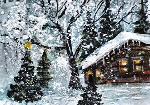 ACEO Original Winter CABIN Pine Tree PAINTING Snow Holiday XMAS Landscape ART