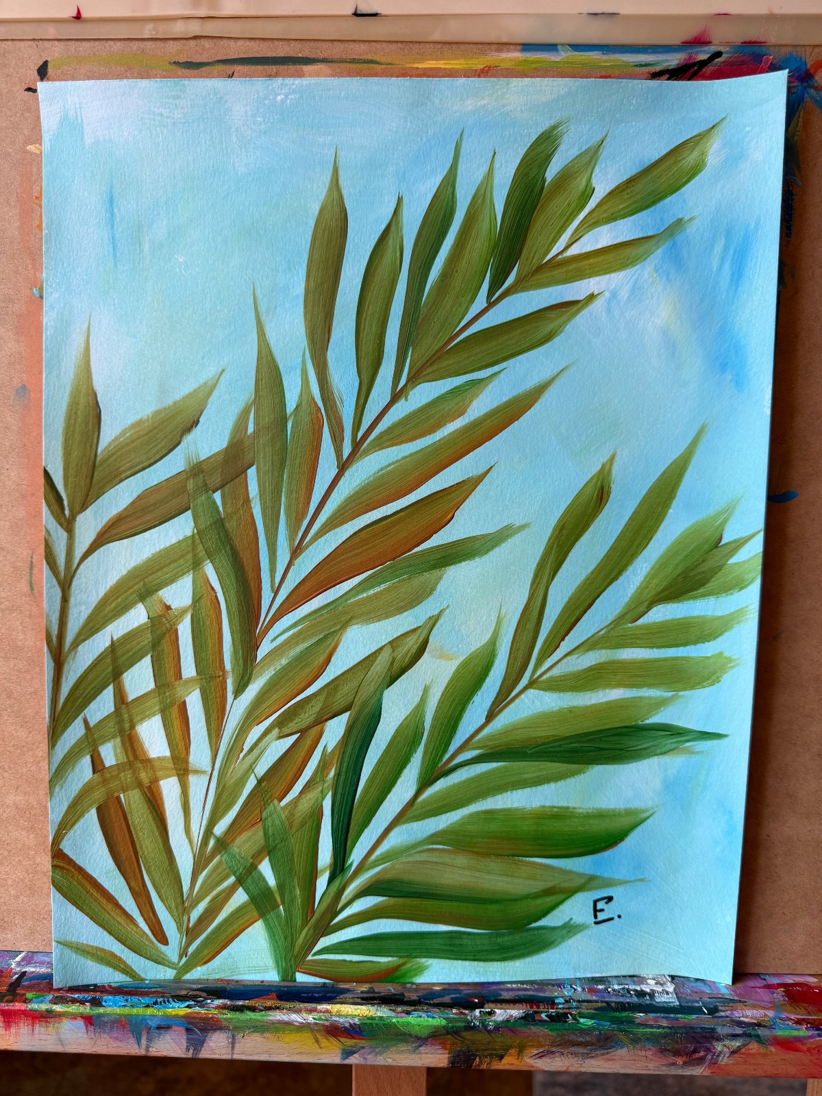 Colorful Original Abstract Acrylic Palm Painting «Sunbath» Signed Paper 11×14