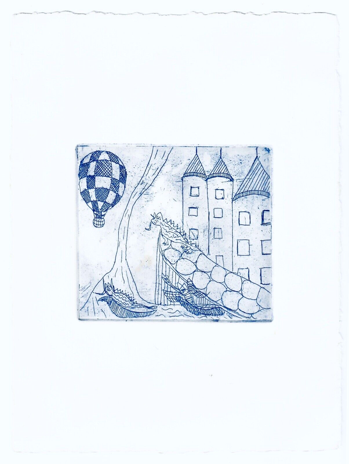 80s Art Etching Dragons Medieval Castle Architecture Hot Air Balloon Bridge 10×8