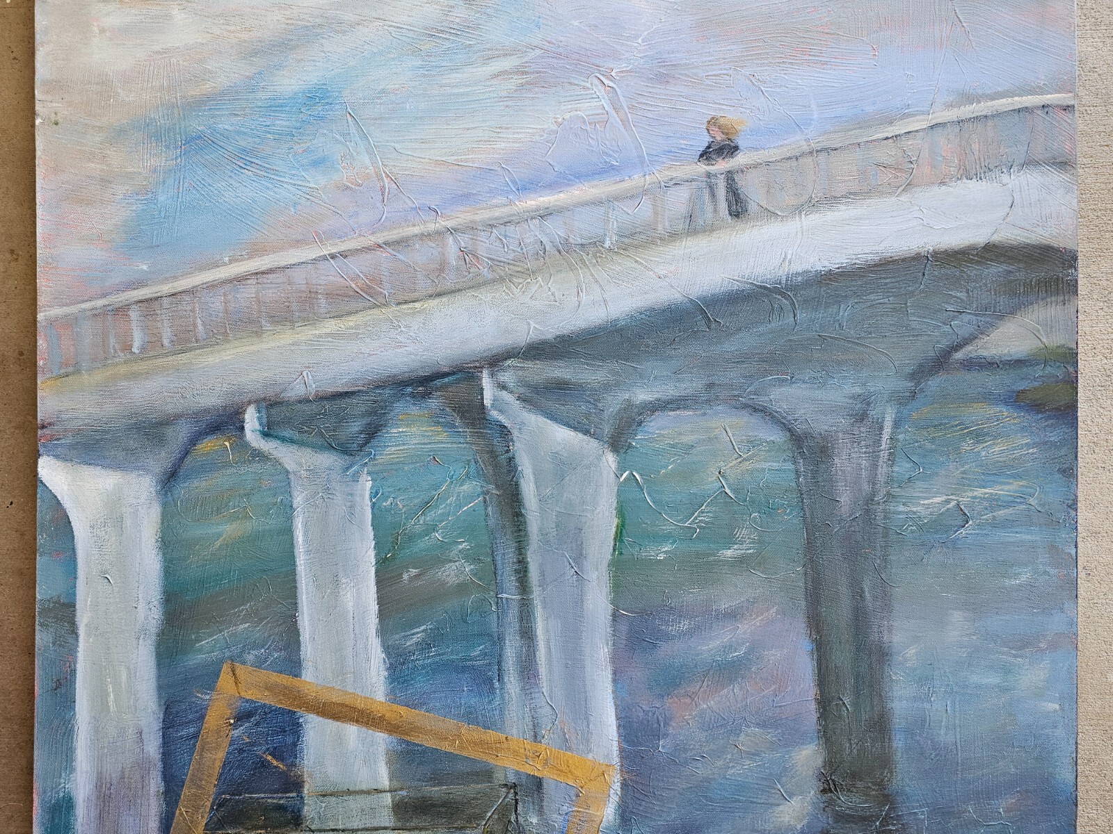 Goldfish Fish Tank Bridge Human Figure Original Abstract Expressionist Painting