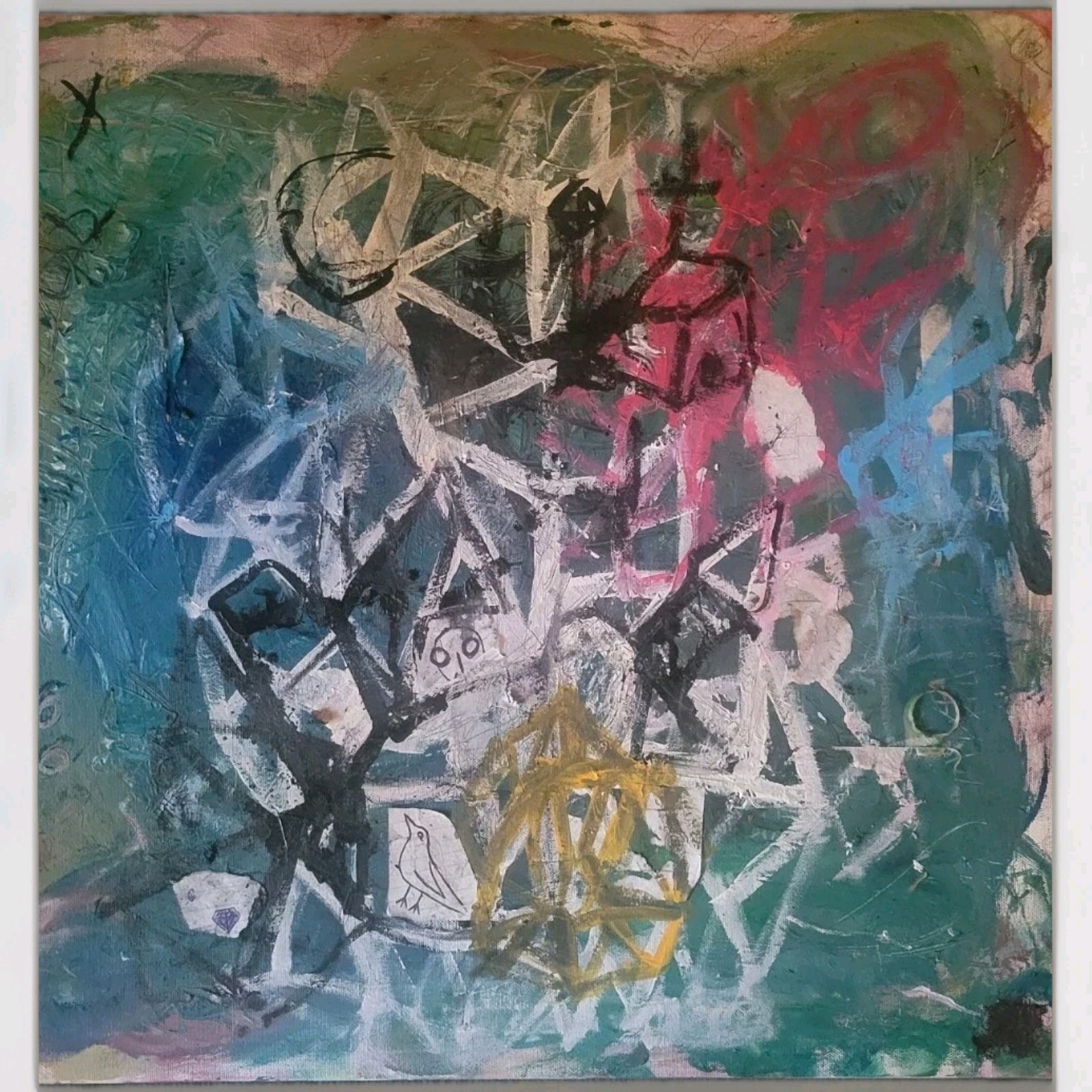 Unique Abstract Painting 2005 «Radio Hums In Blue Cycles» Canvas 21″ x 21″