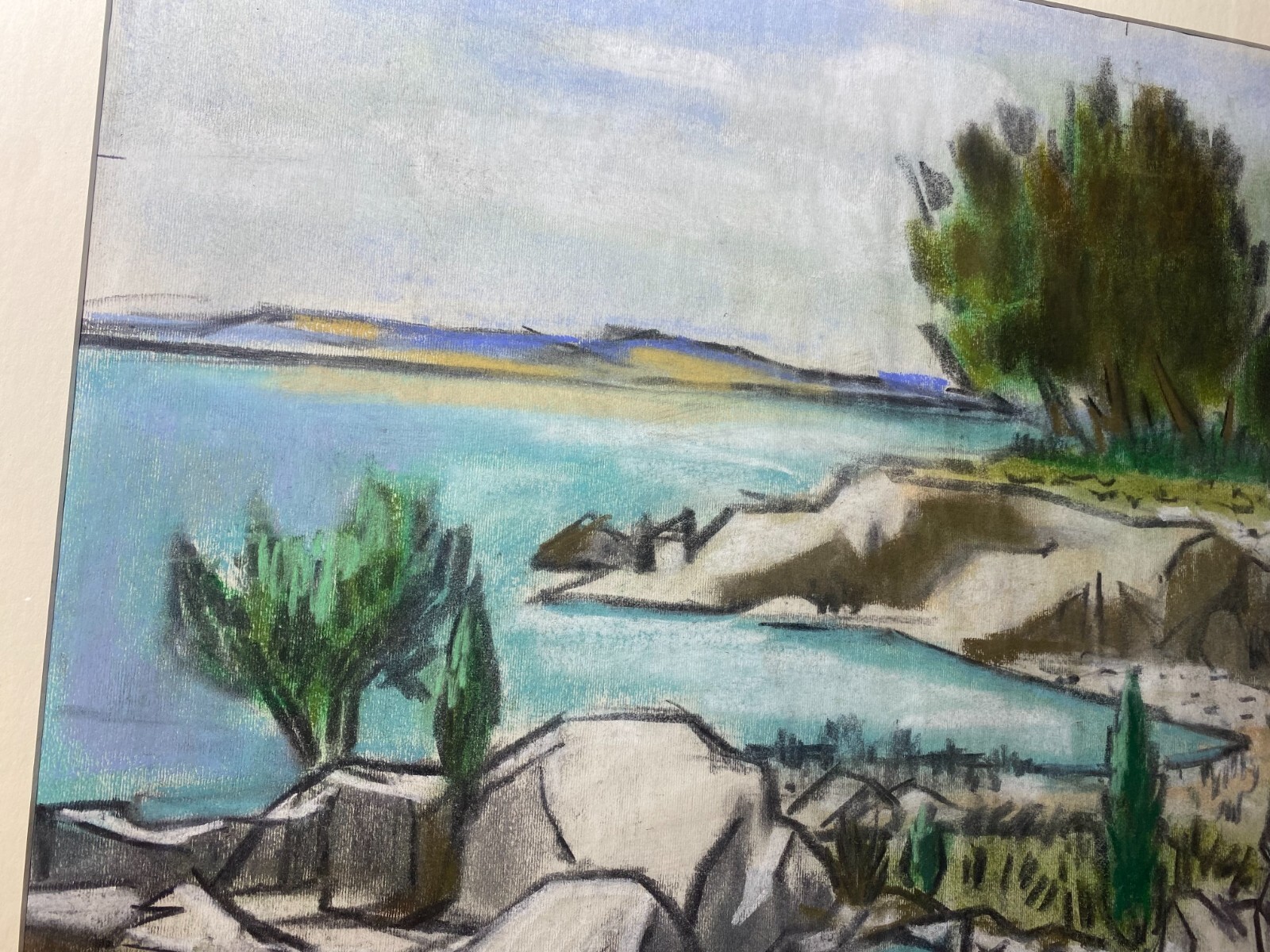 Frederick Childs (1908 – 1978) «Coastal Landscape» Pastel Painting-Signed/Framed
