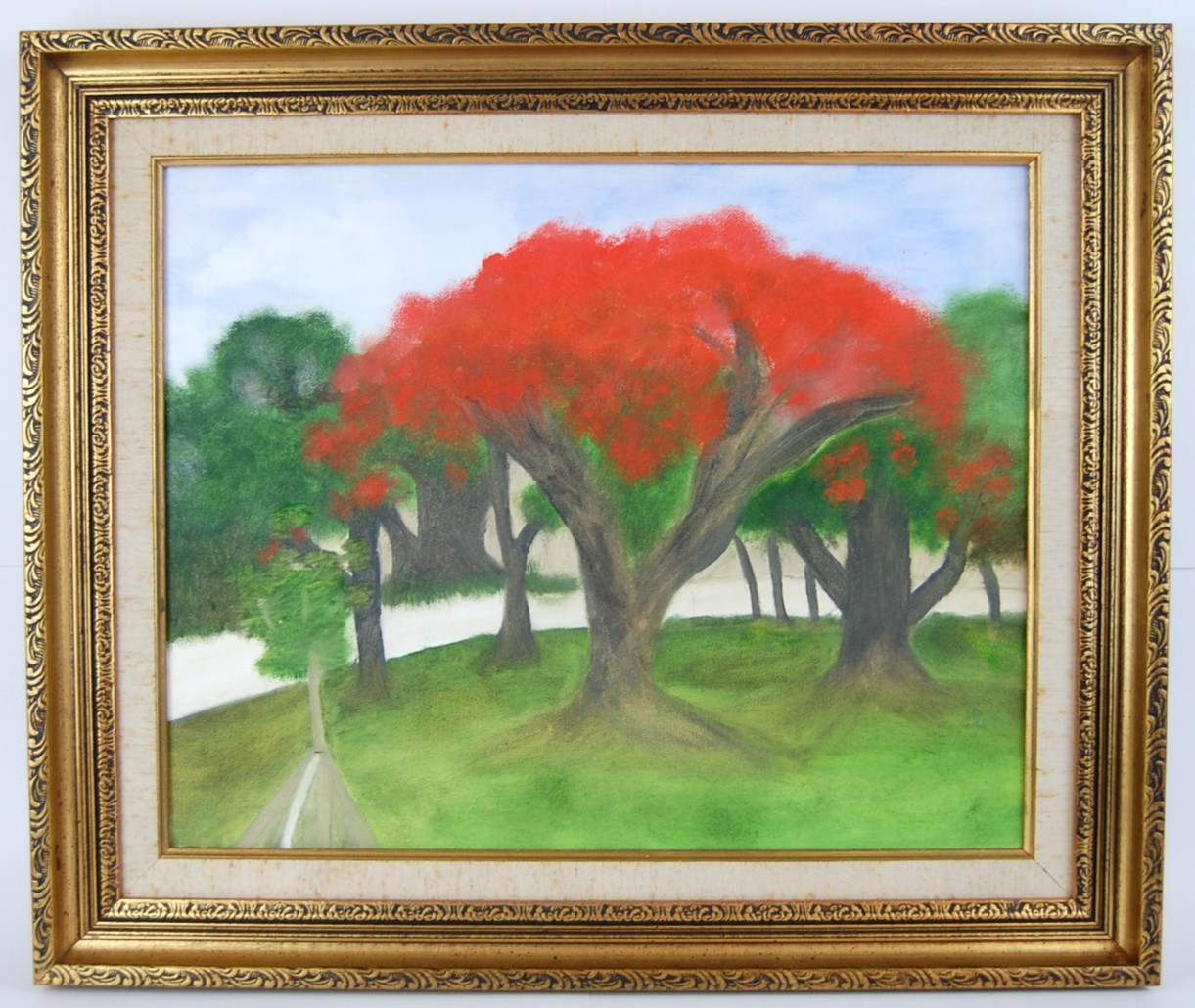 Vtg 80’s Framed Original Oil «Framboyan (Royal Poinciana) Tree Landscape» 20X16