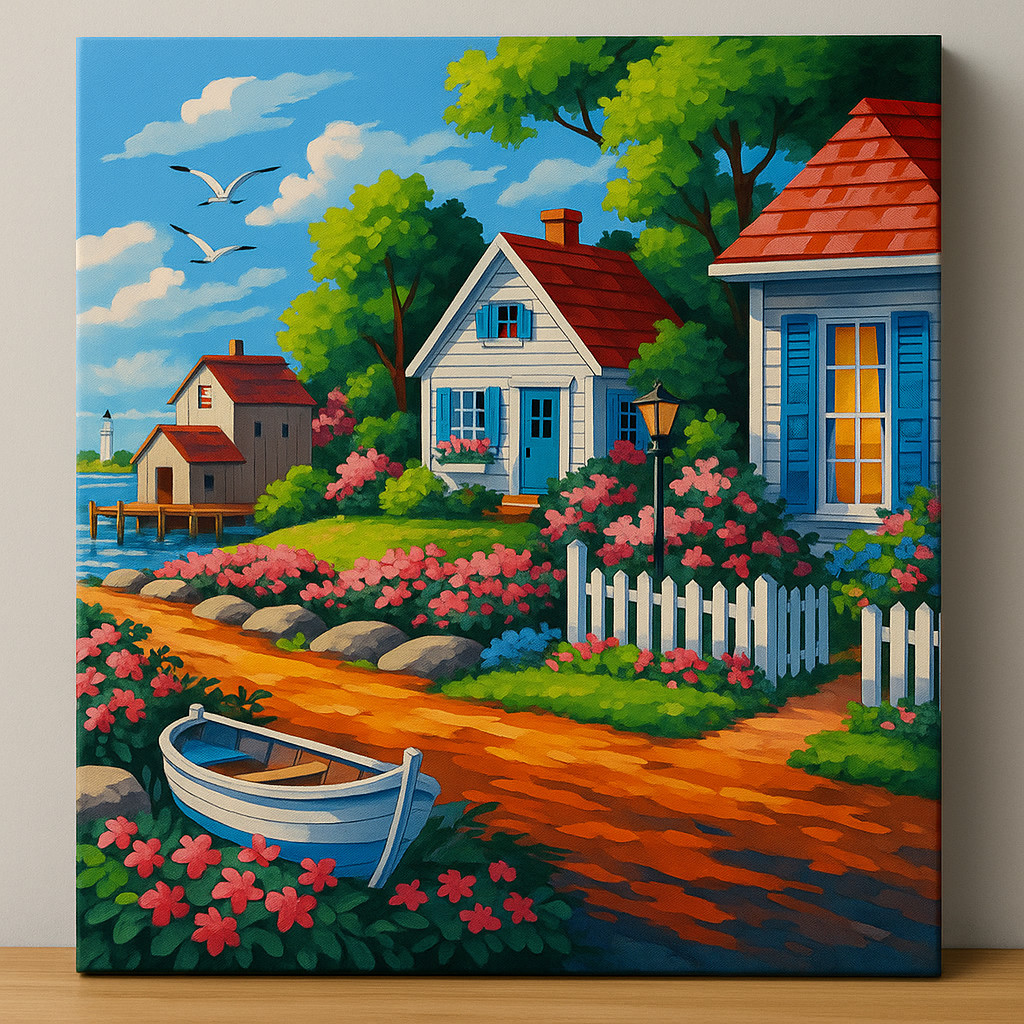 Coastal Cottage Canvas Wall Art – Seaside Landscape with Flowers & Boat 17×23