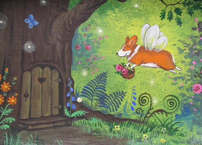 PRINT OF PAINTING RYTA PEMBROKE WELSH CORGI FAIRY ENCHANTED FOREST ART Folk 🌺