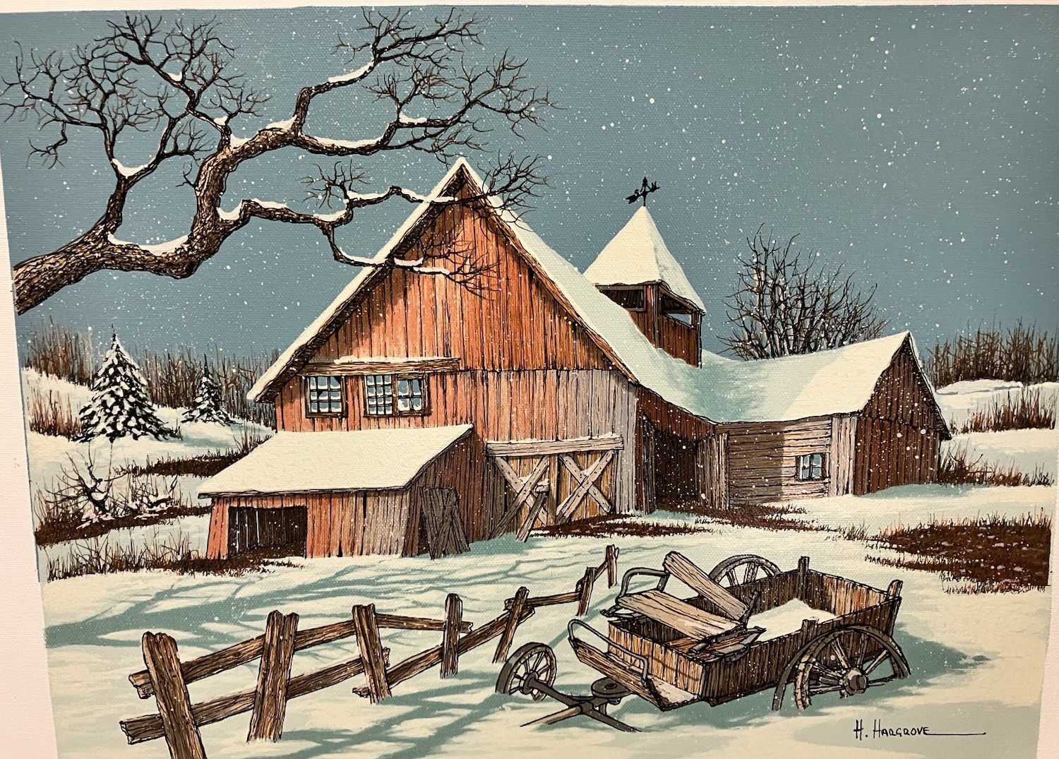 H Hargrove 12×16 Canvas Snowy Winter Barn Weathervane Wooden Wagon Fence Field