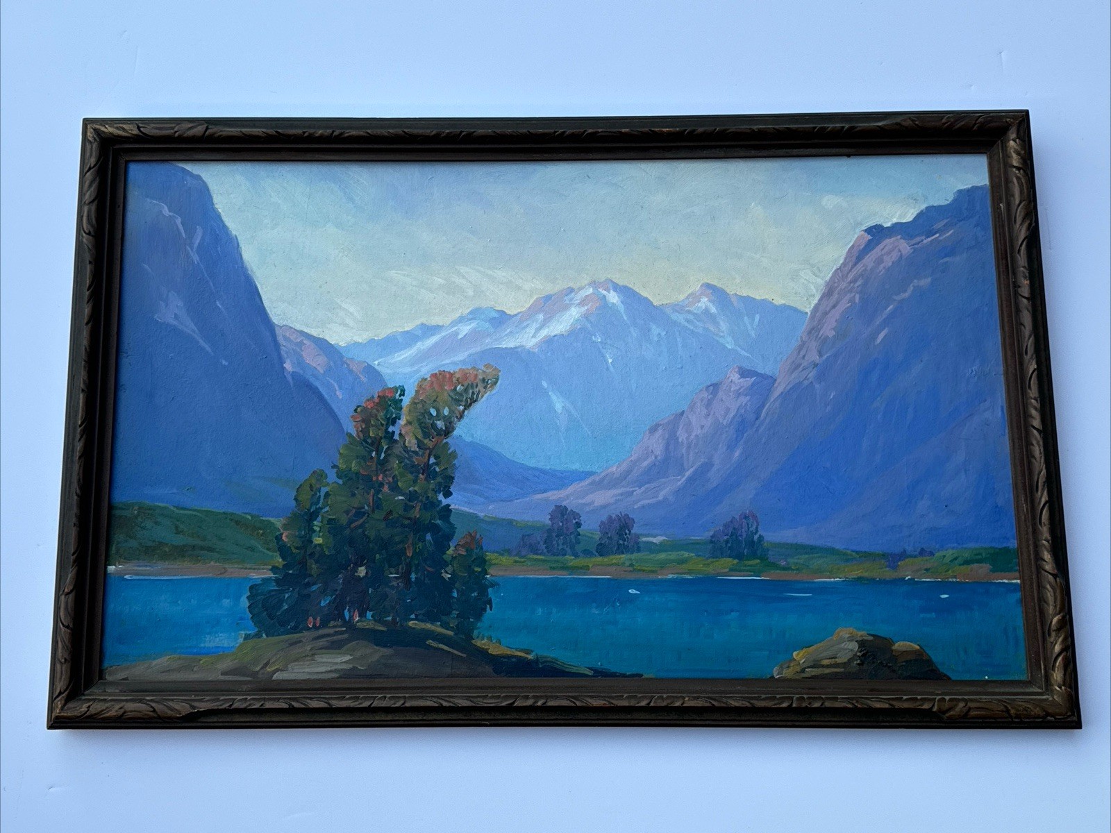 Antique Mountain Lake Painting 1920’s Large Oil Mystery Artist Early California