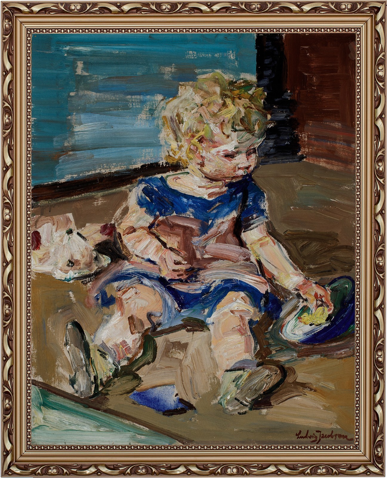 Oil on Canvas Signed Ludvig Jacobsen Baby Portrait Painting Framed