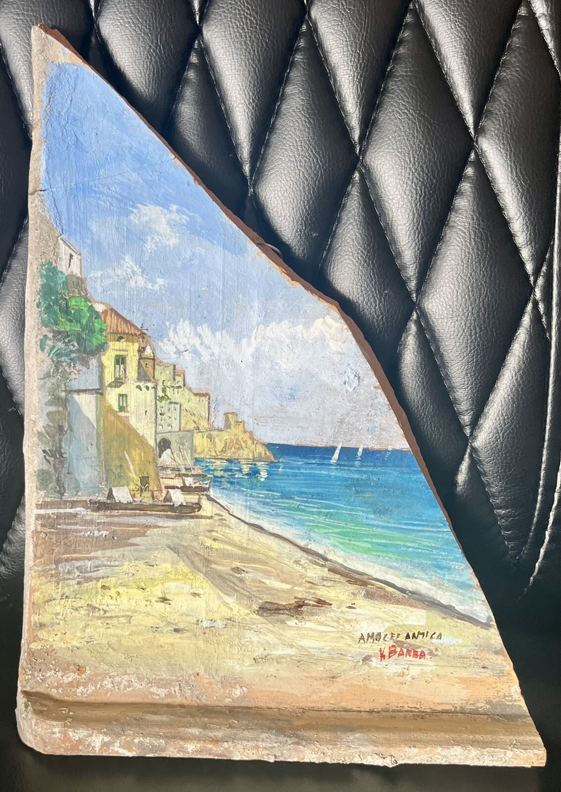 Old Amalfi Italy Coast Original Oil Painting On A Piece Of Stucco Signed BARRA