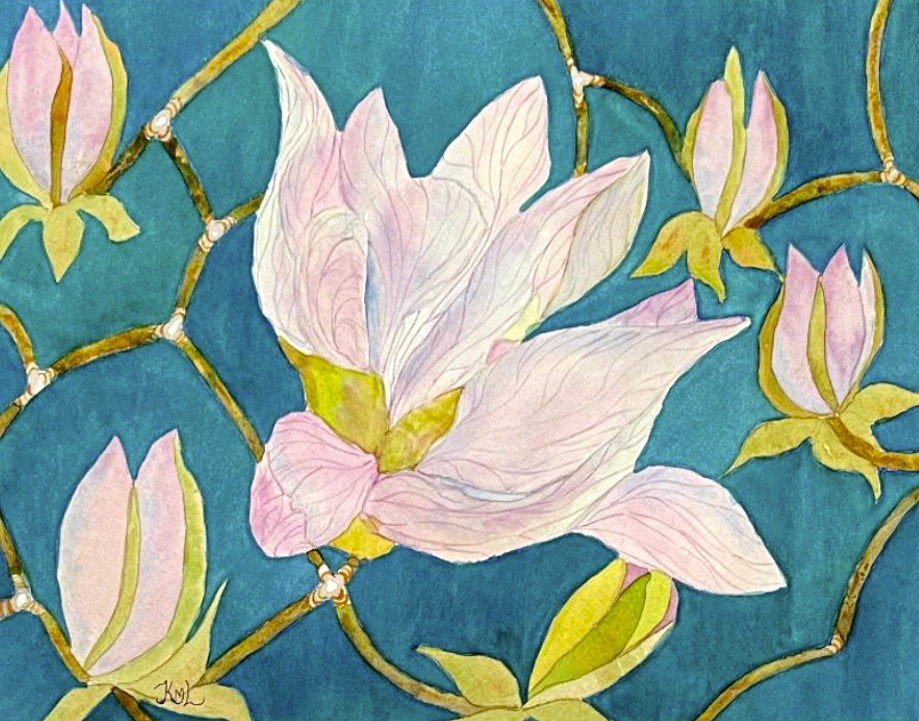 PAINTING WATERCOLOR 11X14 MAT 16X20 FLOWER MAGNOLIA PINK BLUE GREEN ORIGINAL ART