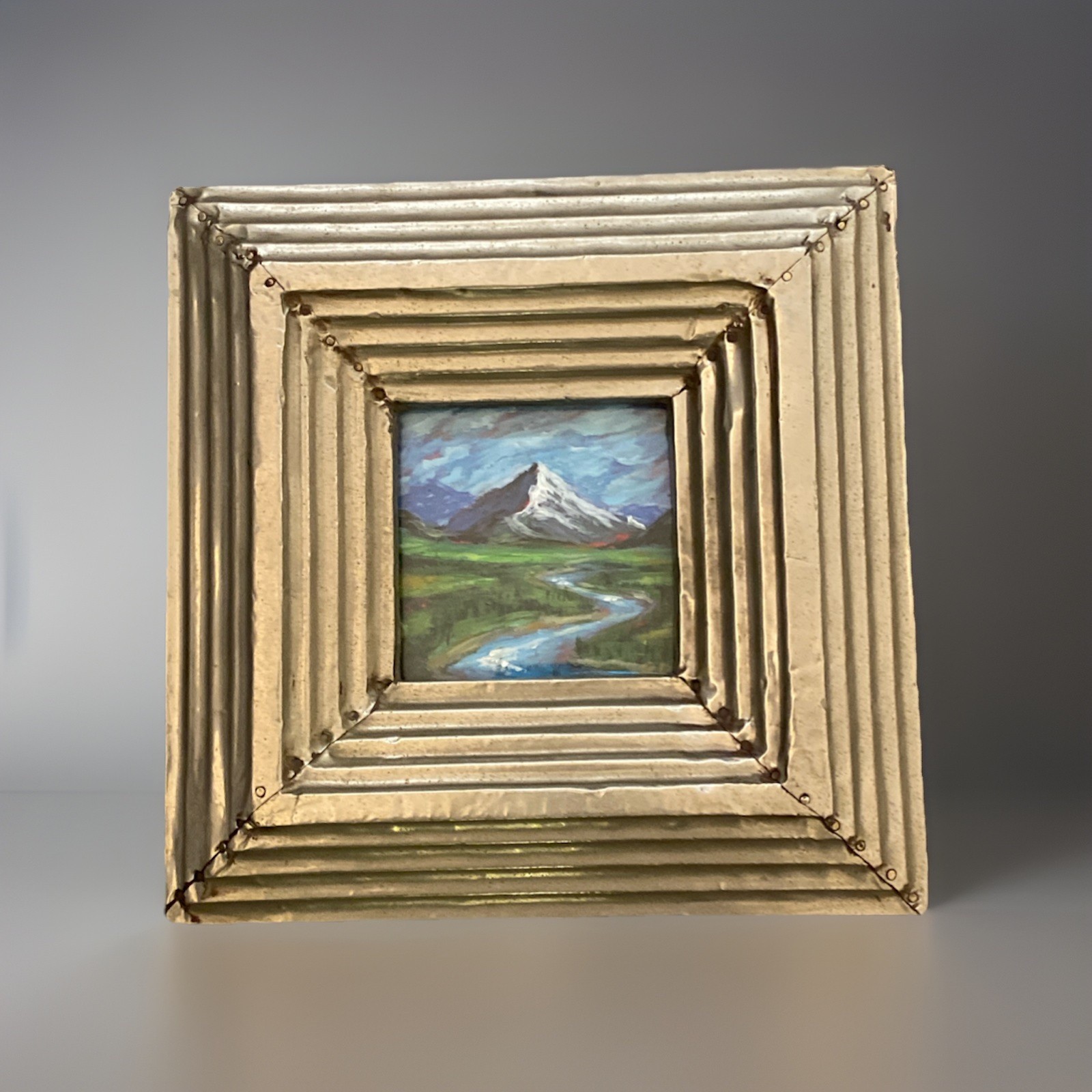 Vntg Small Landscape Painting Original Mountain River Handmade Metal Frame