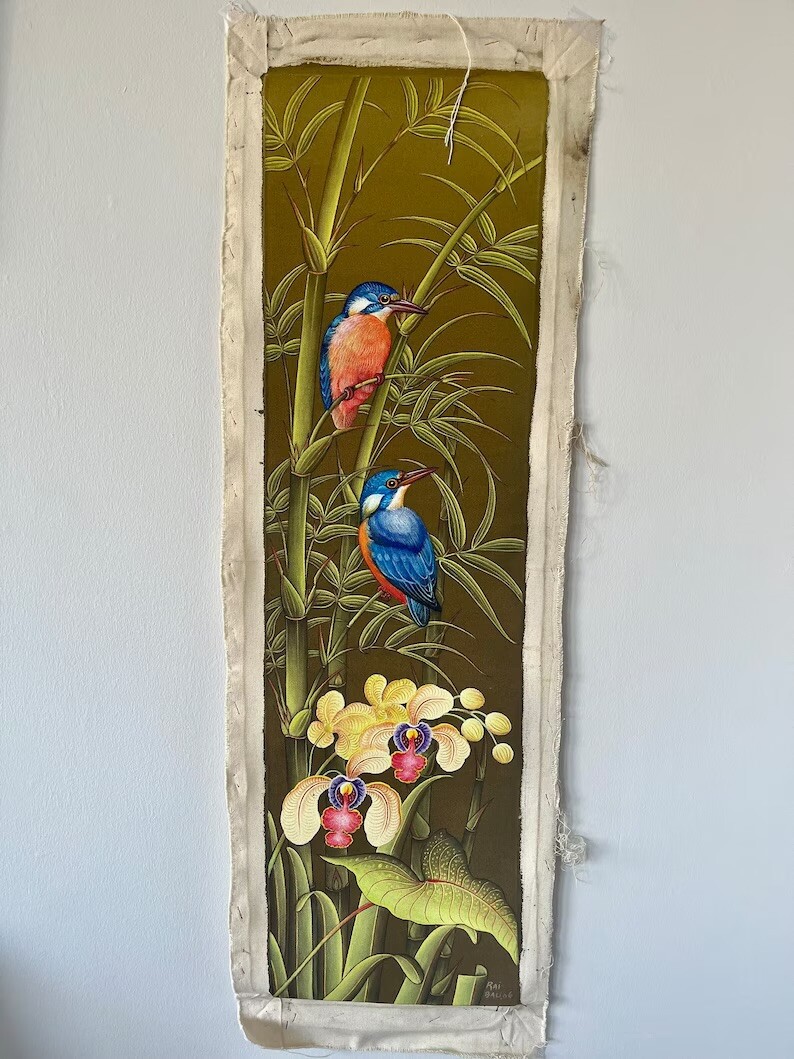 Bali Painting Kamasan style Signed, Balinese Landscape, Kingfish Birds Bamboo