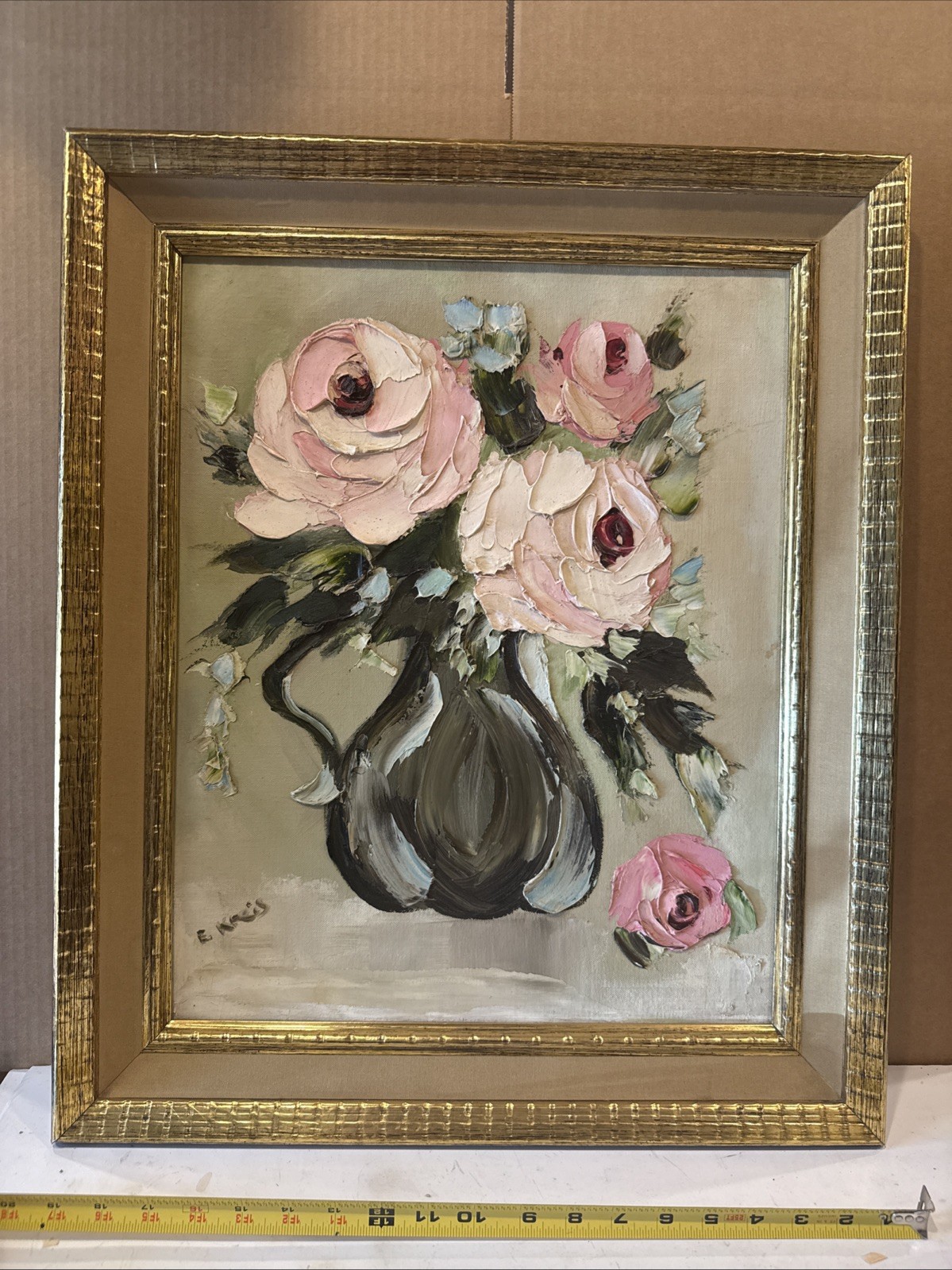 20×24” Large Signed Oil Painting Pink Blue Black Floral Flowers Vase Wood Frame
