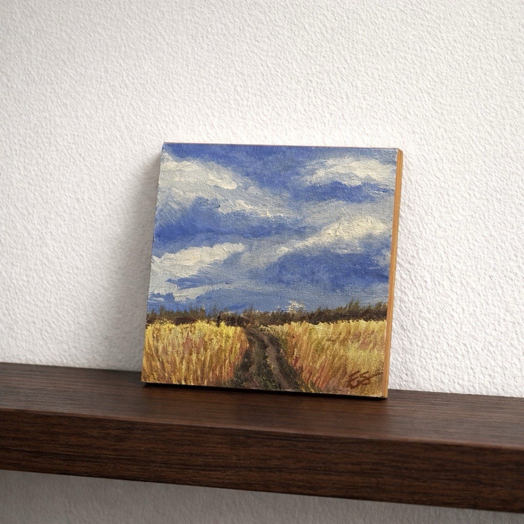 Original 6×6 Acrylic Landscape Painting Golden Field Path Sky Clouds Wall Art