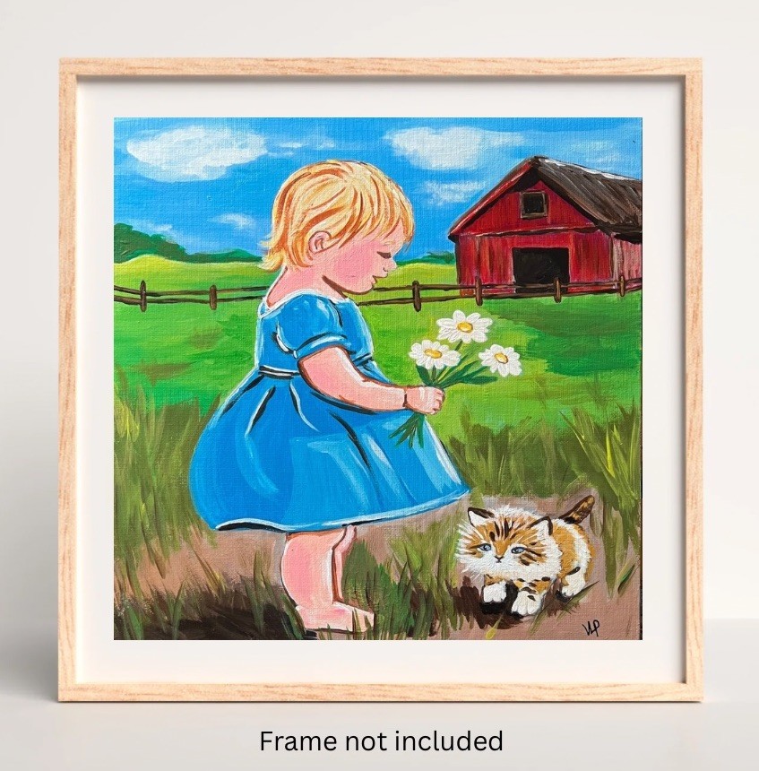 Modern Folk Art Child & Kitten Red Barn Acrylic 12×12” Canvas Panel Original