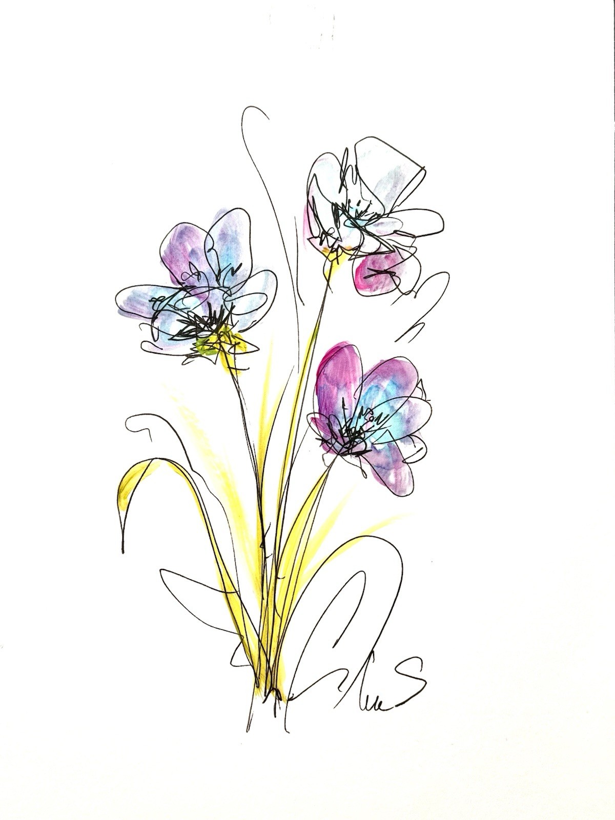 Original Abstract Expressionism 9X12 Purple Flower Paper Ink Handmade Signed 13