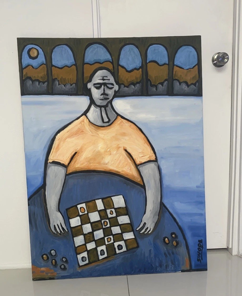 Original Large Painting Chess Checkers Man 40” X 30” Abstract Coffee Shop Art