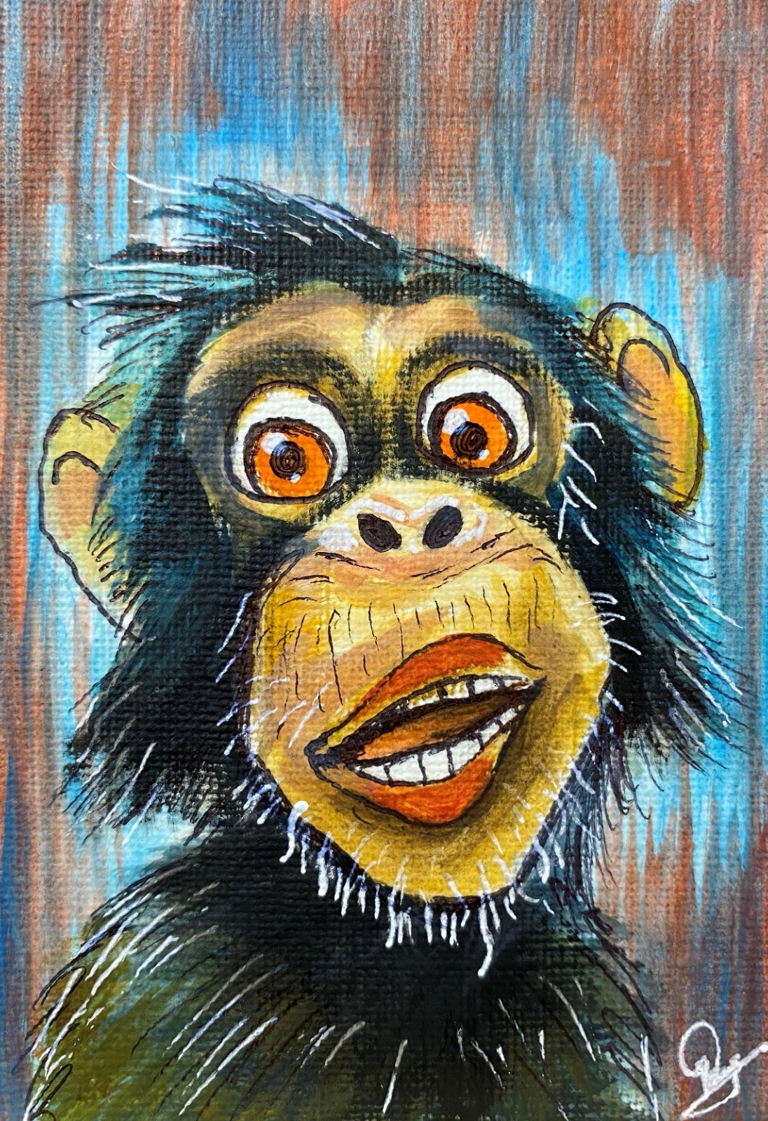 ACEO Acrylic Painting Smiling Playful Monkey Face Portrait Miniature Cartoon Art
