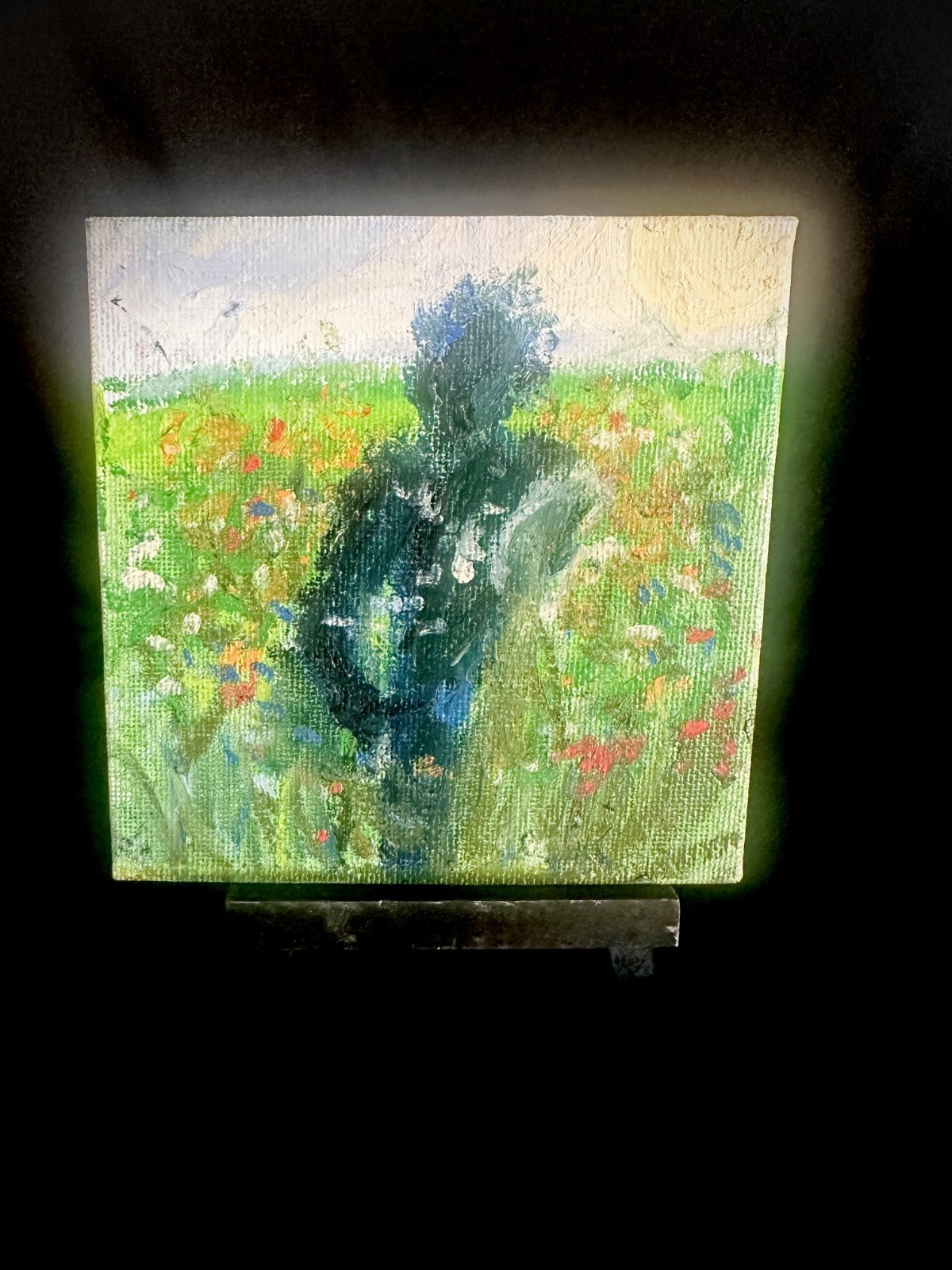 Original 4×4″ Oil Pastels Painting on Canvas Board «Where Souls Drift» by my Son