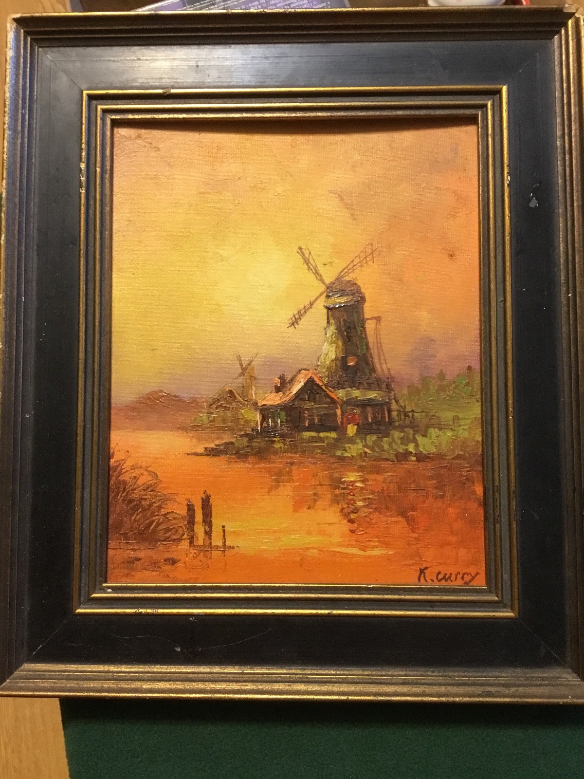 Vintage Oil Painting Barn Windmill Signed K. Curry Original Still Life Wood