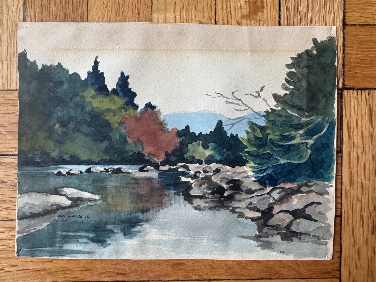 Vintage 1950s Watercolor Painting Nature Waterfall Trees Landscape 1950s 7 x 5