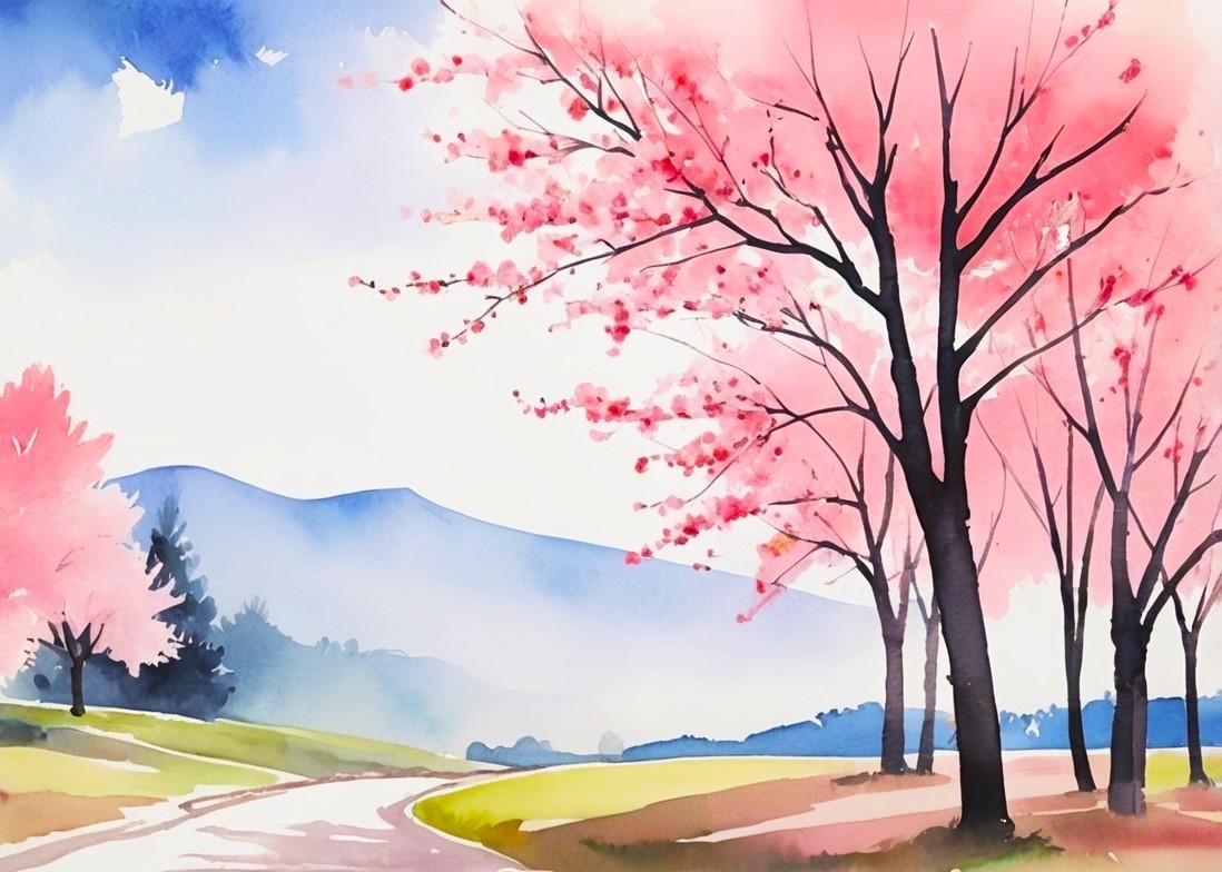 ACEO Cherry Blossom Landscape Tiny Miniature Mini *ART PRINT* Watercolor Saulite