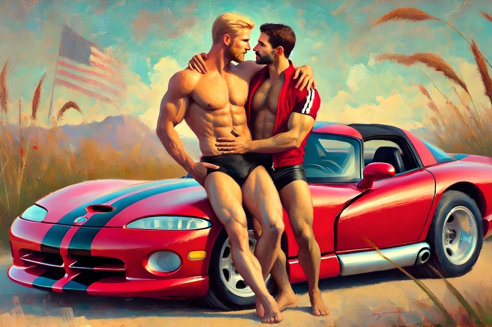 Original gay LGBTQ art giclée painting «Dodge Viper RT10» signed & numbered