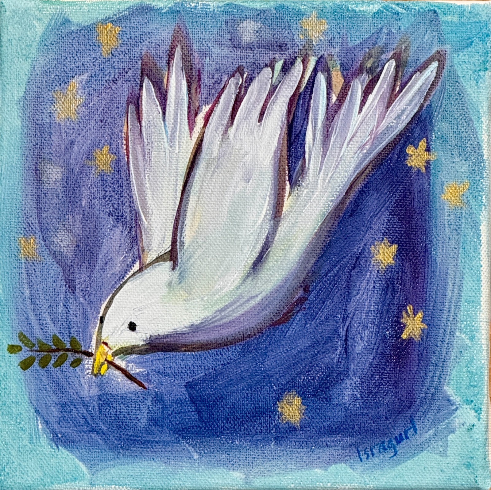 Peace Dove and Golden Stars Colorful Acrylic Painting on Canvas, 8″x 8″ Signed