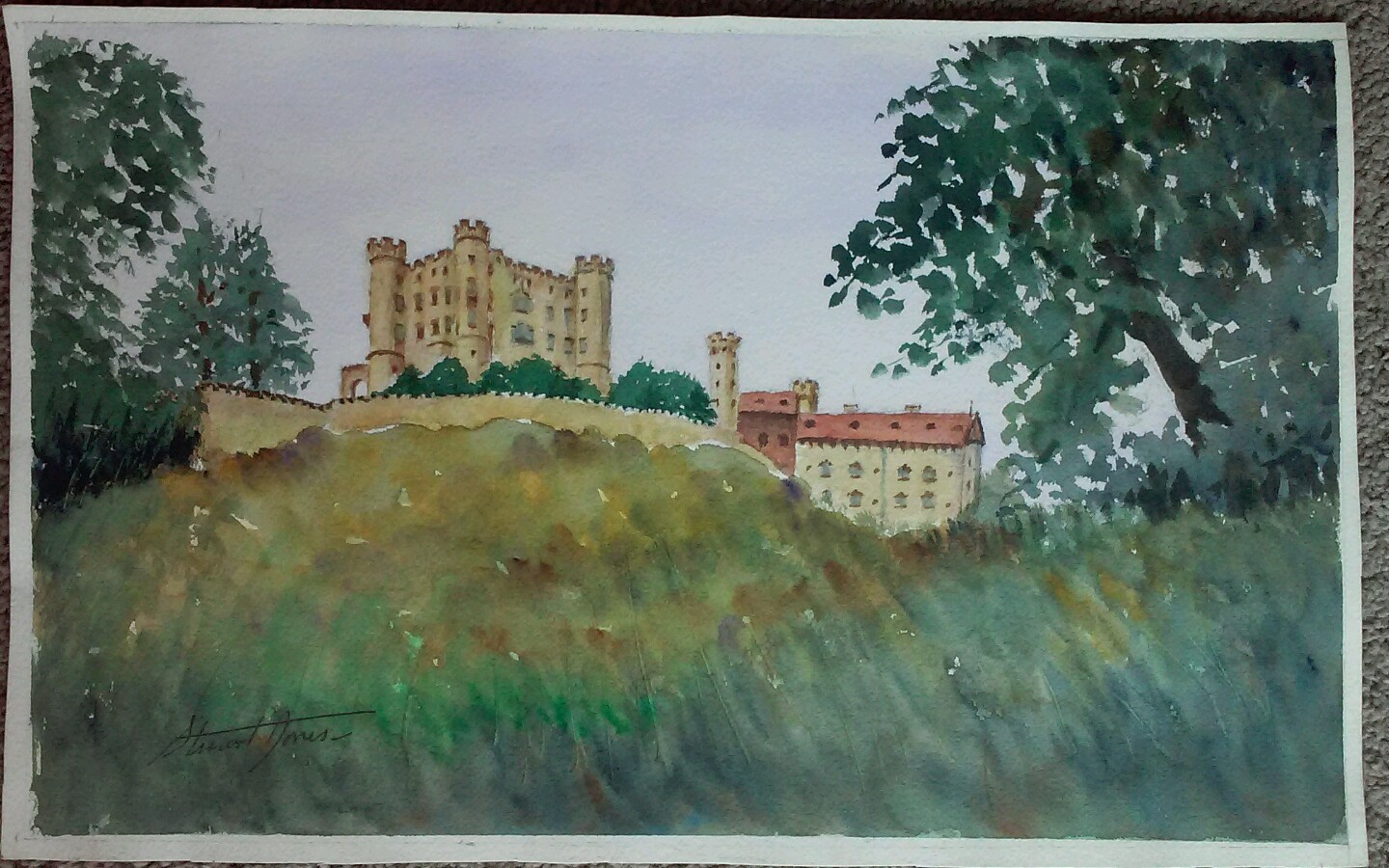 Ça 1989 Watercolor EUROPEAN CASTLE by Stuart Jones en plein air 11×18″