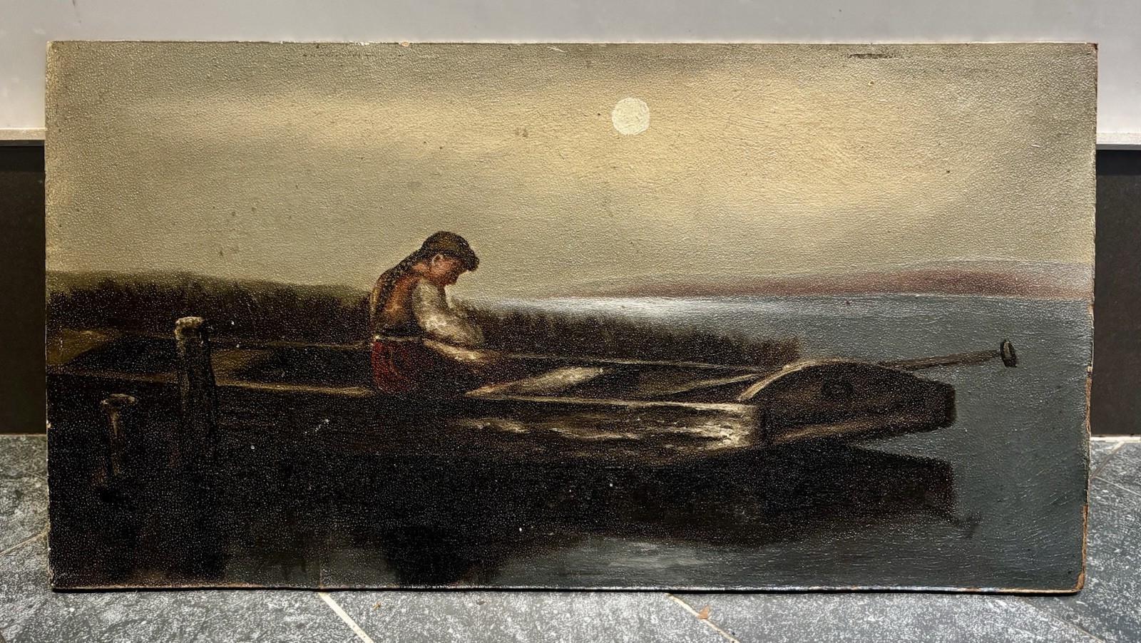 Antique Oil Painting After Heinrich Vosberg Alone and Forsaken Moonlight Girl