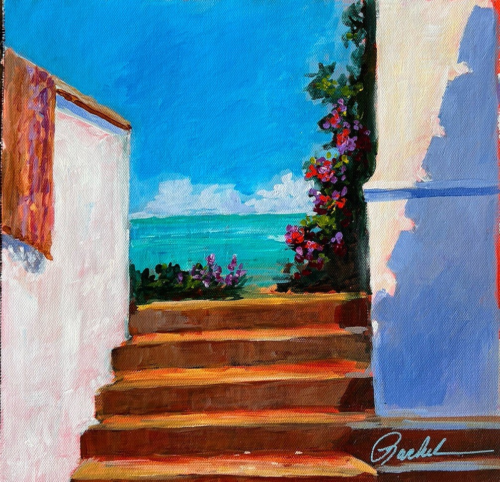 12×12 Original Acrylic Coastal Painting Tropical Stairs On Unstretched Canvas