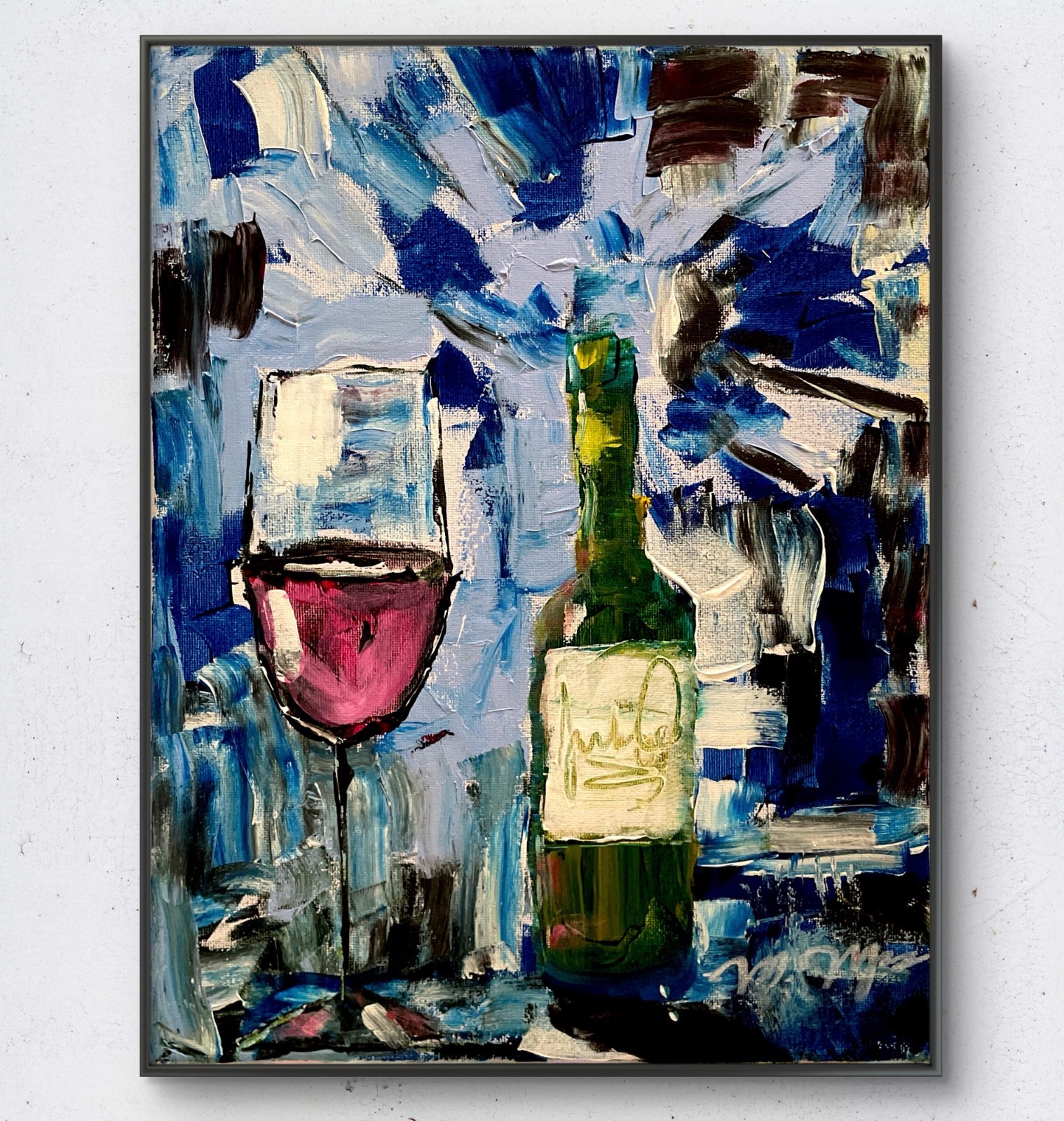 Mary Myers Original • Wine Bottle & Glass Painting • 11×14 Acrylic Canvas