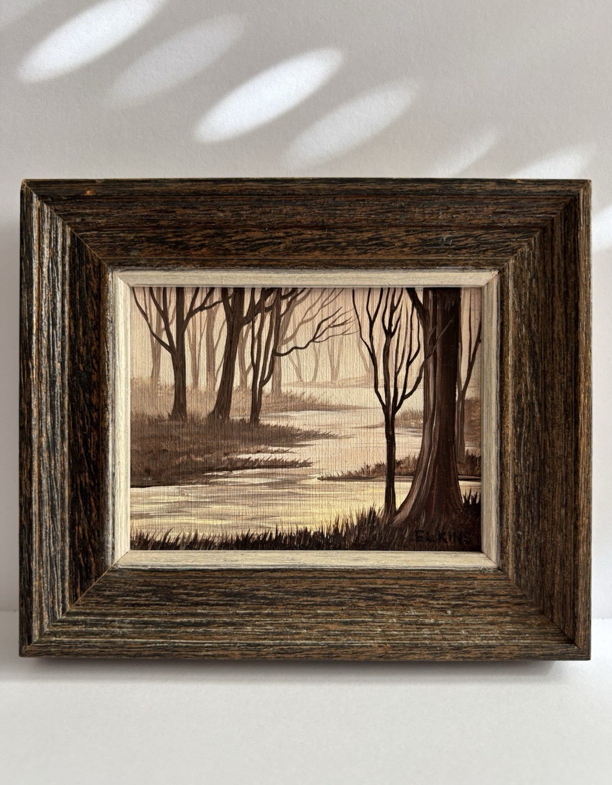 Mini Acrylic Framed Winter Landscape Painting Monochrome Trees Stream Signed