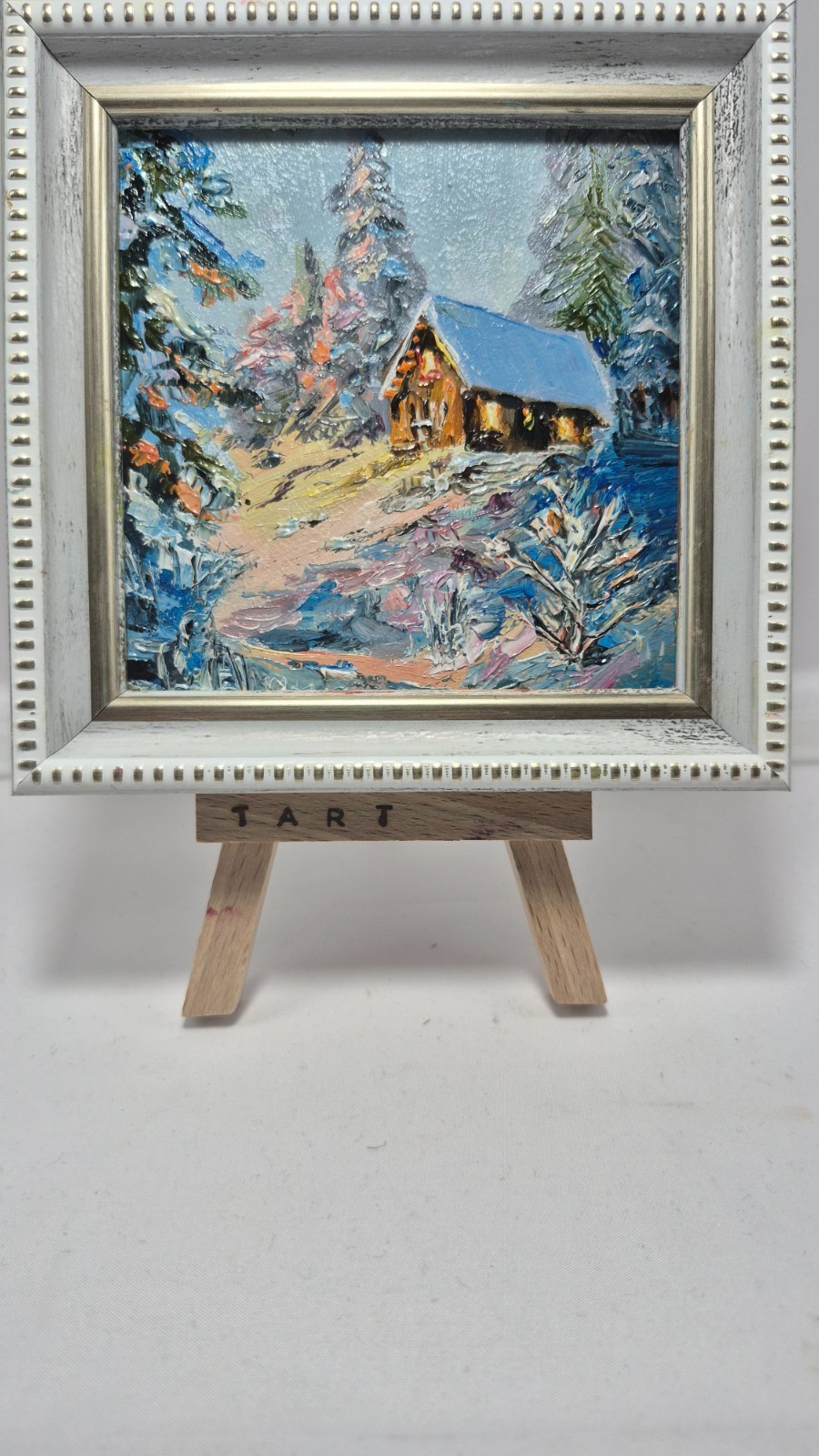 original oil painting in a frame. winter landscape cottage in the forest. 4х4
