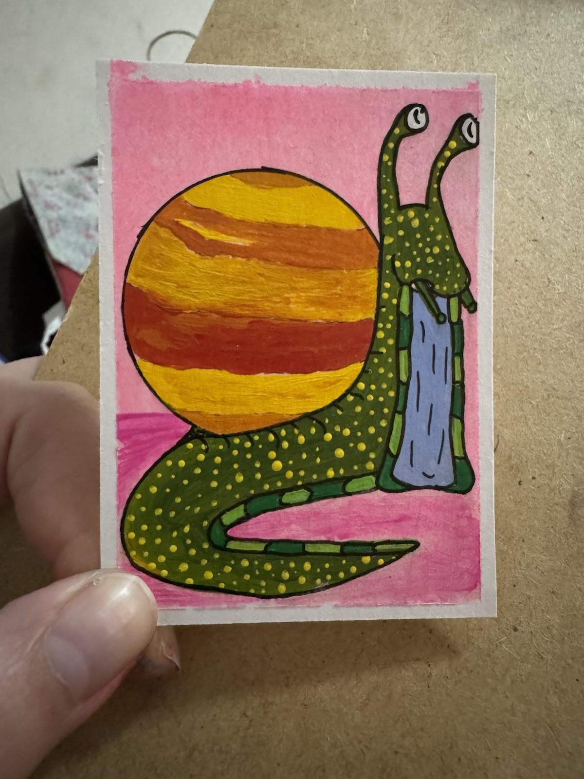 ACEO Original Actually Handmade Acrylic Cute Snail Planet Space Trading Art Card