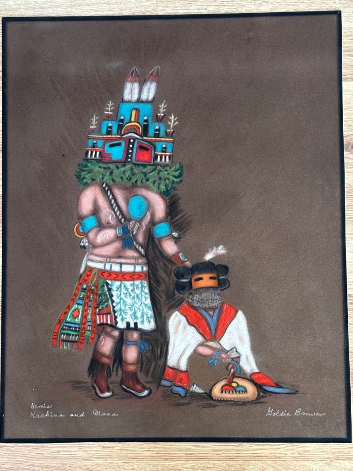 GOLDIE BREWER LOCAL NEW MEXICO ARTIST 1975 HEMIS & MANA KACHINA FRAMED 29″ X 25″