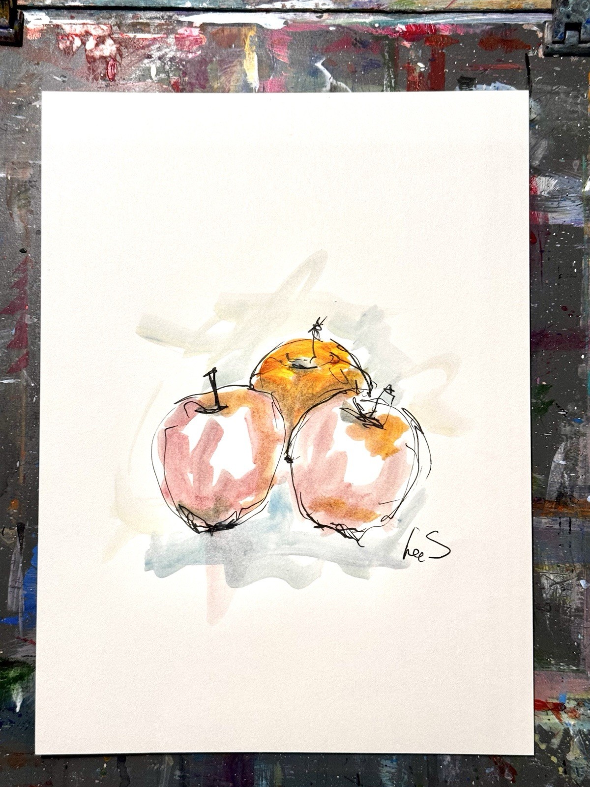 Original Abstract Expressionism 9X12 Apples Ink Colorful Handmade Signed 15